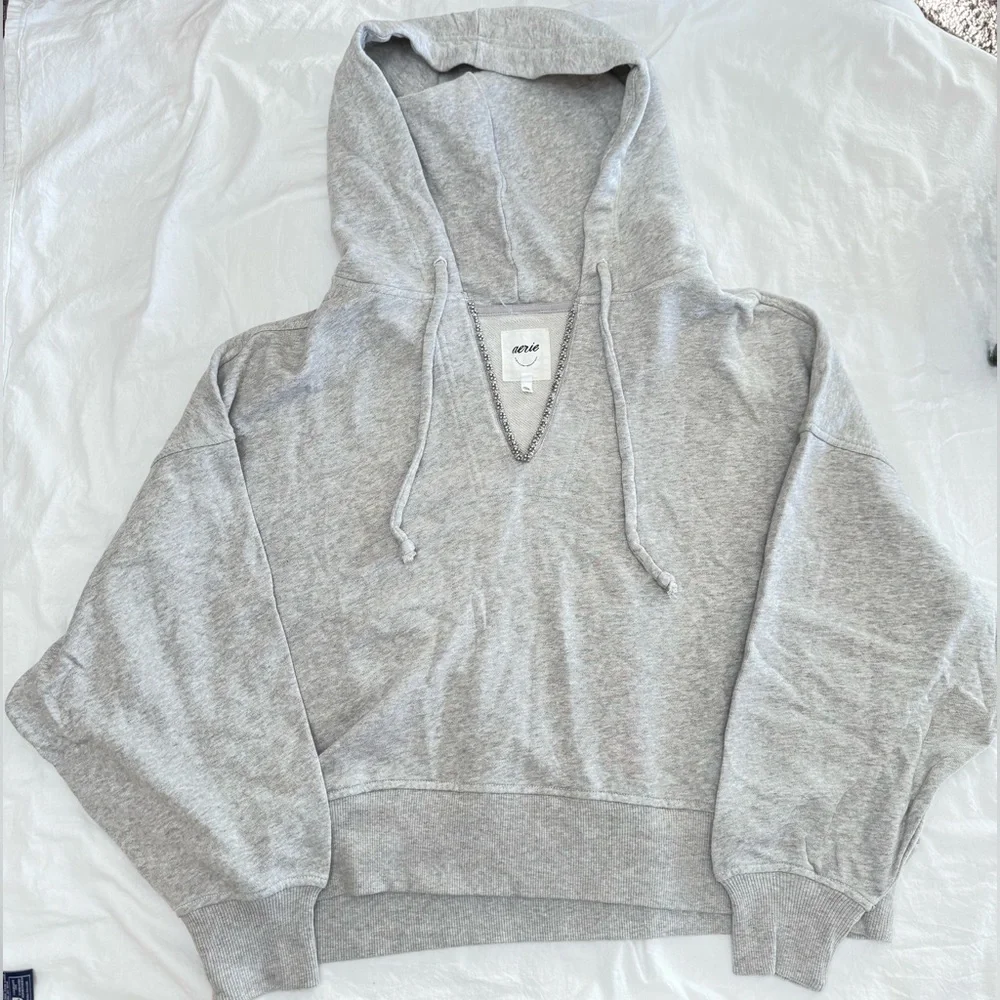 Aerie Beaded Hoodie Heather Grey Sz XL, Y2K